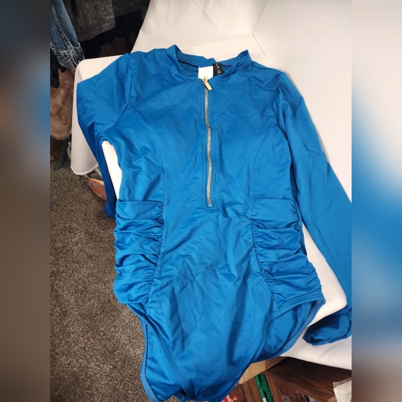 La Blanca Vibrant Blue Ocean Zip Long Sleeve Paddlesuit Swimsuit Med New - Picture 6 of 8